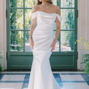 Anne Berg Off The Shoulder Draped Fit & Flare Wedding Dress
